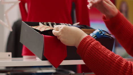 close up shot of senior customer browsing through clothes in christmas ornate clothing store, trying to pick perfect necktie for son as xmas present during winter holiday season