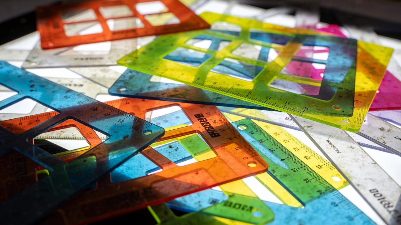 La telecamera si inclina rivelando stencil di plastica impilati e righelli sulla scrivania, esponendo i segni di stampa.
