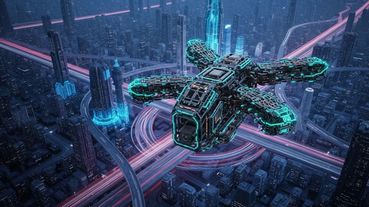Futuristic Drone in Neon Cityscape: A Glimpse into the Advanced Technology and Urban Architecture of Tomorrow's High-Tech Metropolis