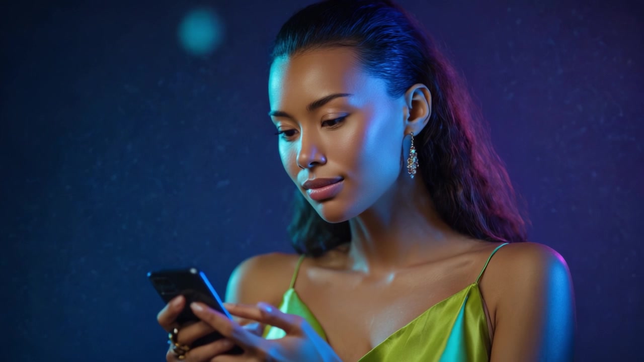 Una giovane donna in uno splendido abito verde interagisce con il suo smartphone, illuminata da un'illuminazione drammatica su uno sfondo vibrante e contrastante, emanando sicurezza e grazia.