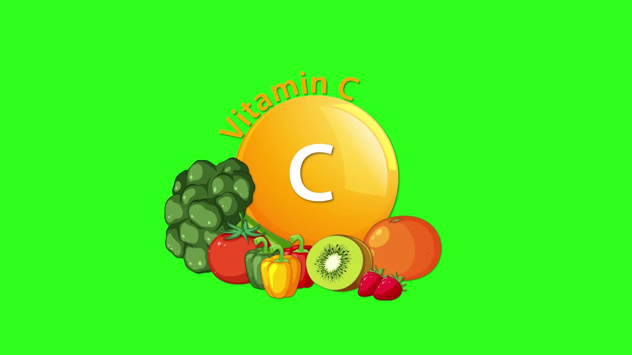Animated vitamin C icon appears with broccoli, bell pepper, kiwi, orange, and tomato on a bright green background. Smooth transitions, flat vector style