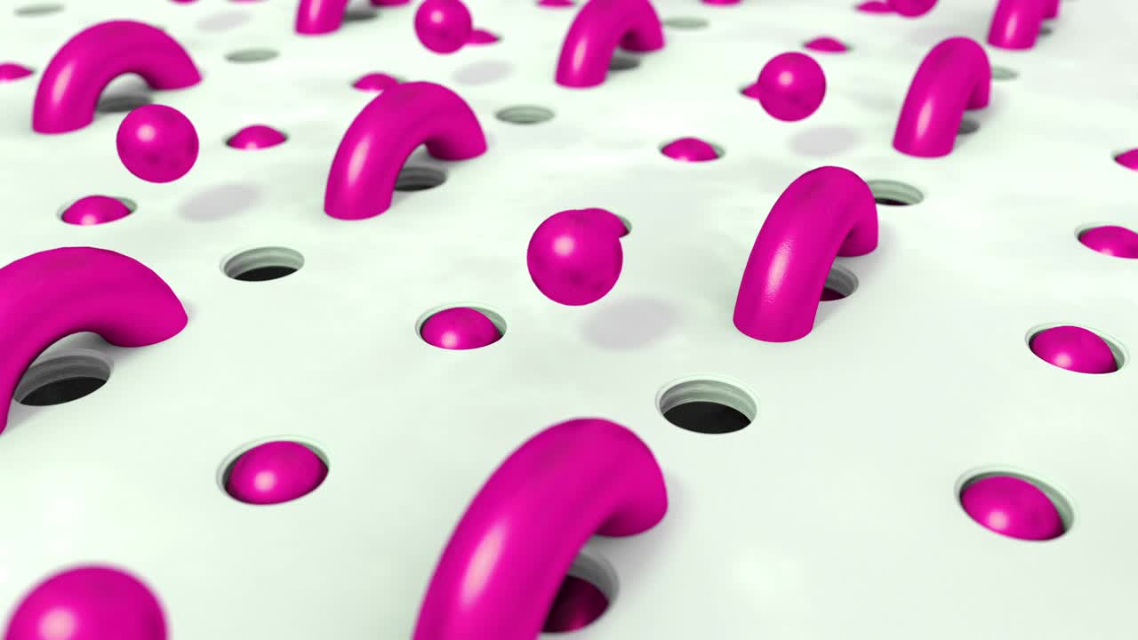 Abstract violet background 3D shapes balls flying in holes. 4K animation looping footage.
