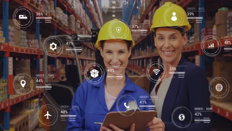 animation of icons with data processing over caucasian female workers in warehouse