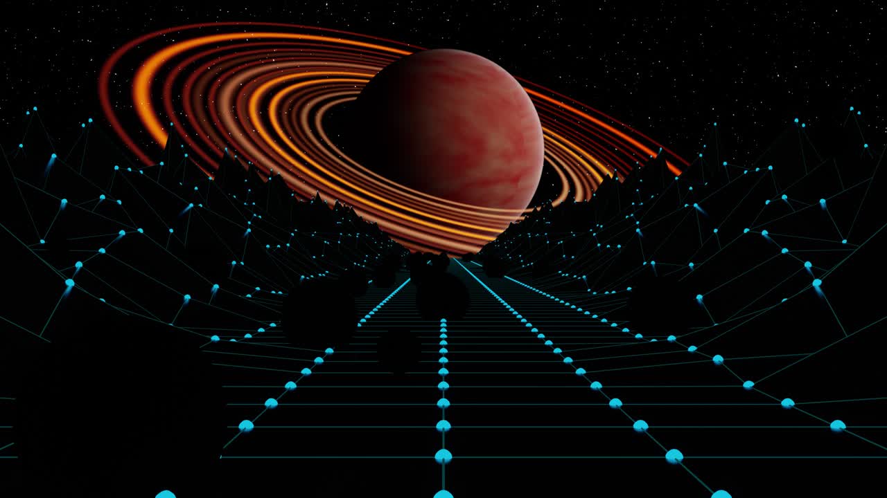 muévete por el camino iluminado por neón hacia el misterioso planeta con anillos naranjas a su alrededor. las bolas rosadas brillantes están esparcidas a lo largo de la carretera. animación de bucle vj para tus hermosos videos. ¡creatividad exitosa!