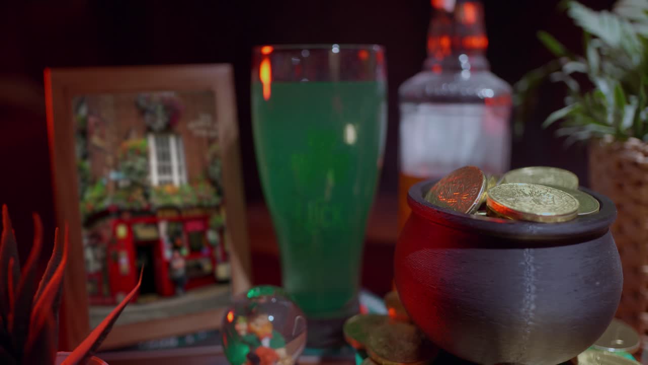 Festive St. Patrick's Day Display with Pot of Gold and Green Beer