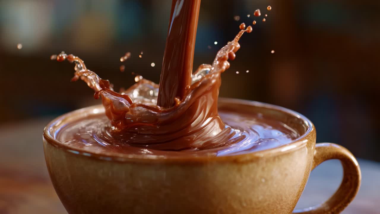 Captivating Chocolate Pouring: A Close-Up of Rich, Smooth Chocolate Splashes in a Cup, Highlighting the Textures and Movement of Liquid Beauty