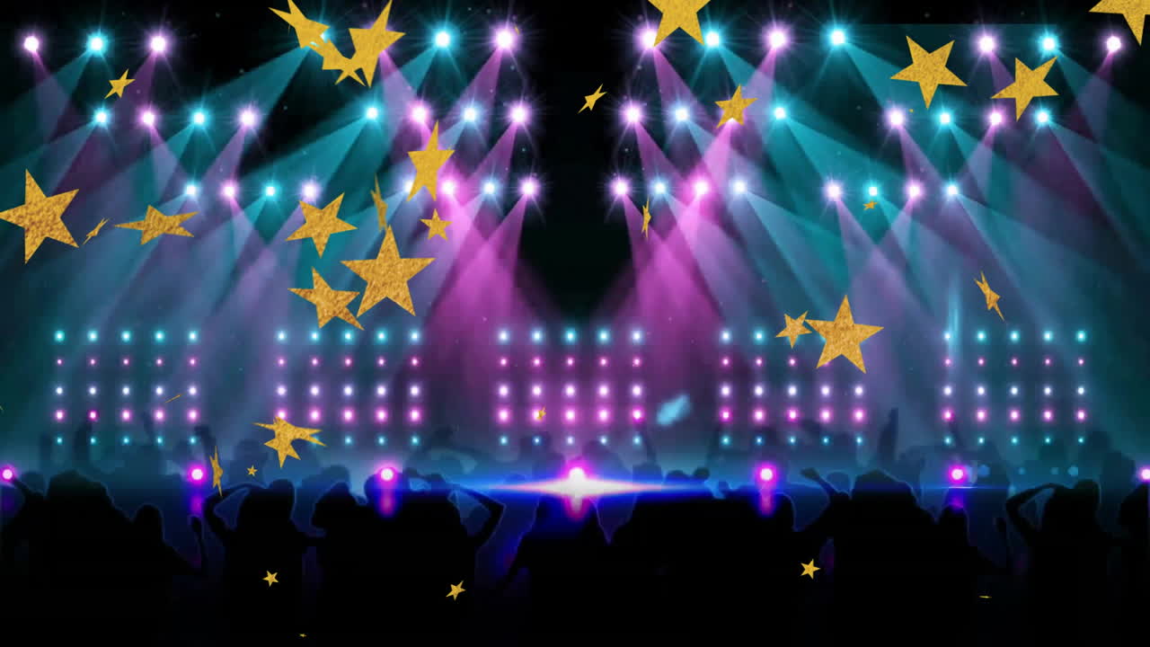 Concert stage with colorful lights and star animation over cheering crowd