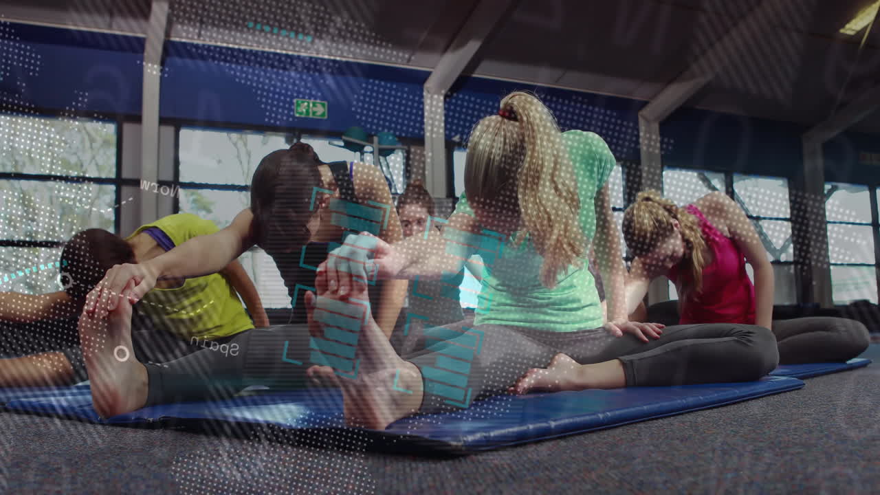 group of women performing hamstring stretch on blue mats in gym, featuring animated grid graphics