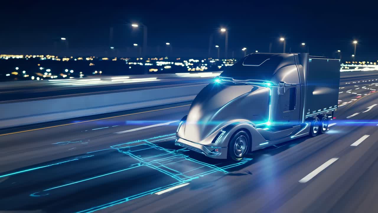 Autonomous Electric Truck on Highway at Night