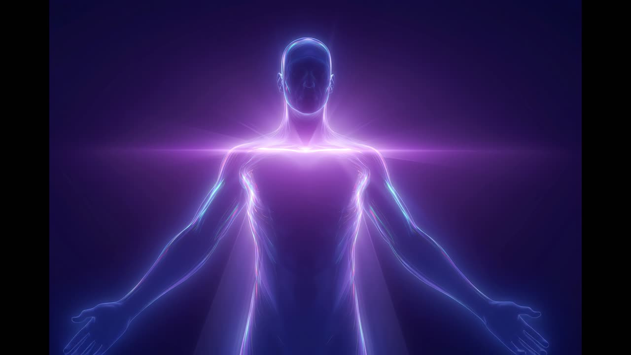 Forma umana astratta e luminosa in luce viola