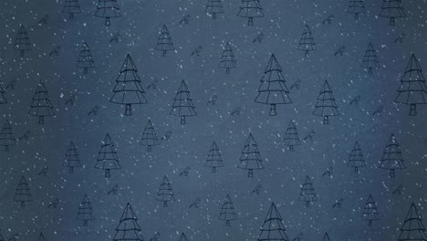 Animation-of-snow-falling-against-christmas-tree-pattern-on-blue