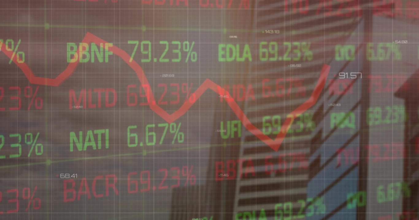 Animace zpracování statistických dat a dat z akciového trhu na pozadí vysokých budov