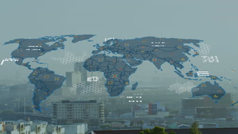 animation of world map and data processing against aerial view of cityscape