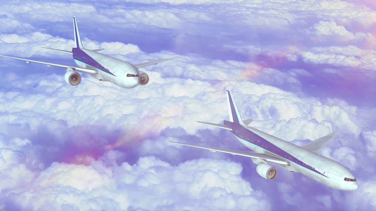 путешествие самолетом, летящим в облачном небе анимация