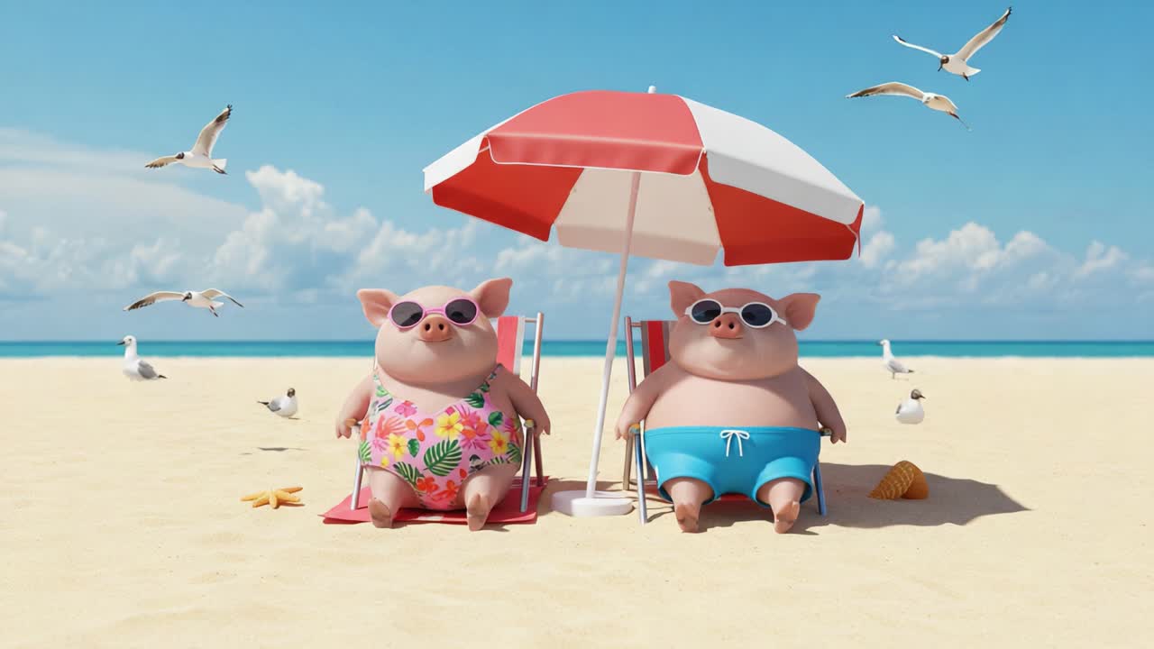 Two Adorable Cartoon Pigs Relaxing Under a Beach Umbrella, Enjoying a Sunny Day on the Sand with Seagulls in the Background and Coastal Waves Lapping Nearby