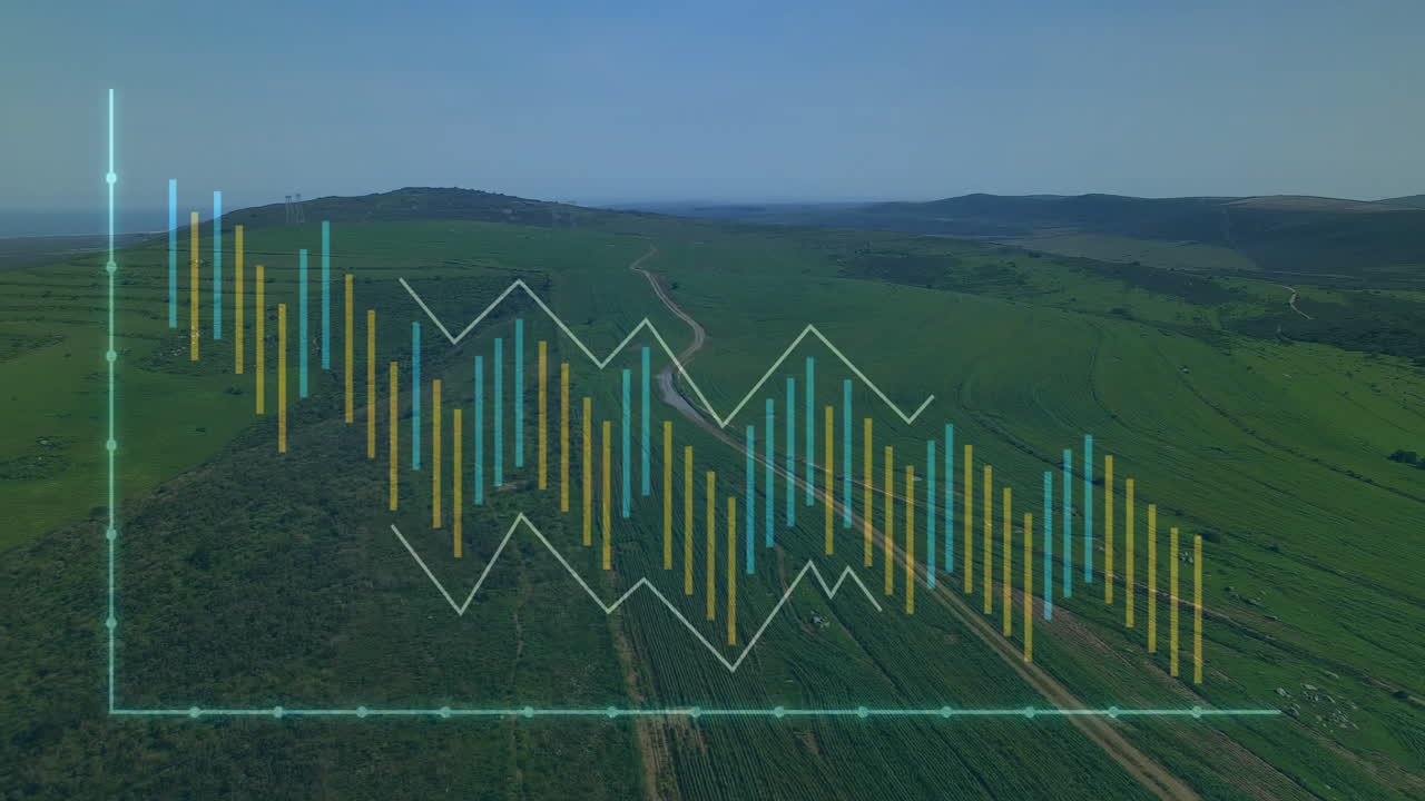 Data chart hovering above fields, showing teal bars, pale green line graphs and turquoise axes
