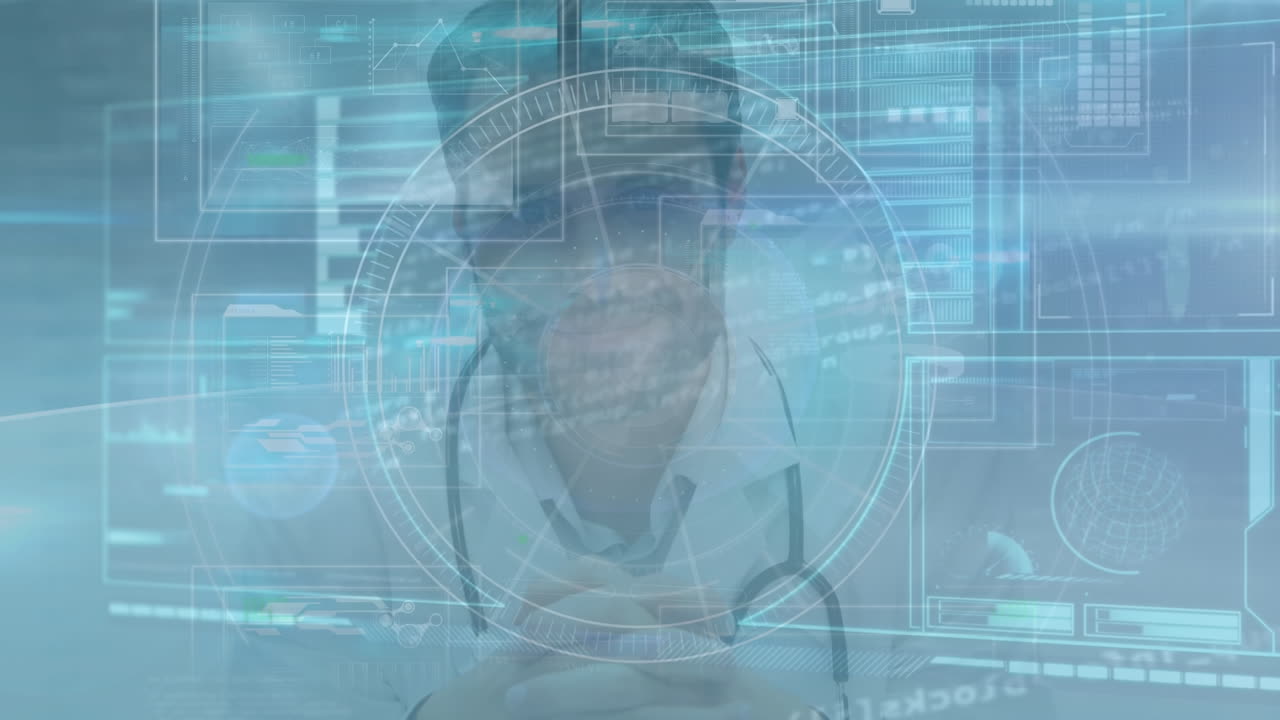 animación del procesamiento de datos sobre el médico masculino caucásico