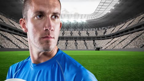 animation of caucasian male rugby player holding ball over stadium