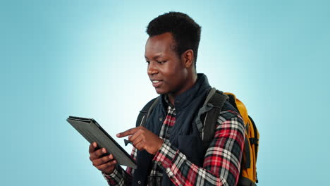 Travel,-tablet-and-black-man-in-studio