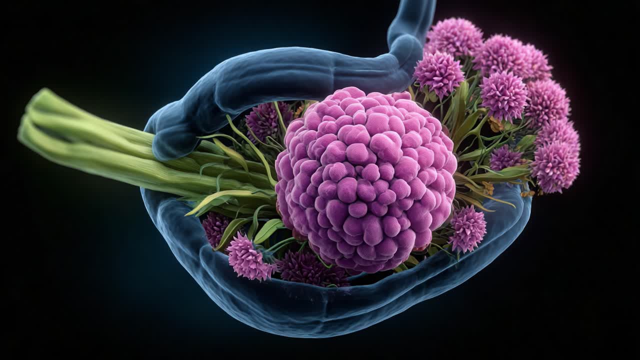 Una rappresentazione artistica di un ecosistema microbico in una struttura organica unica, con colori vivaci e dettagli intricati delle interazioni della vita cellulare.
