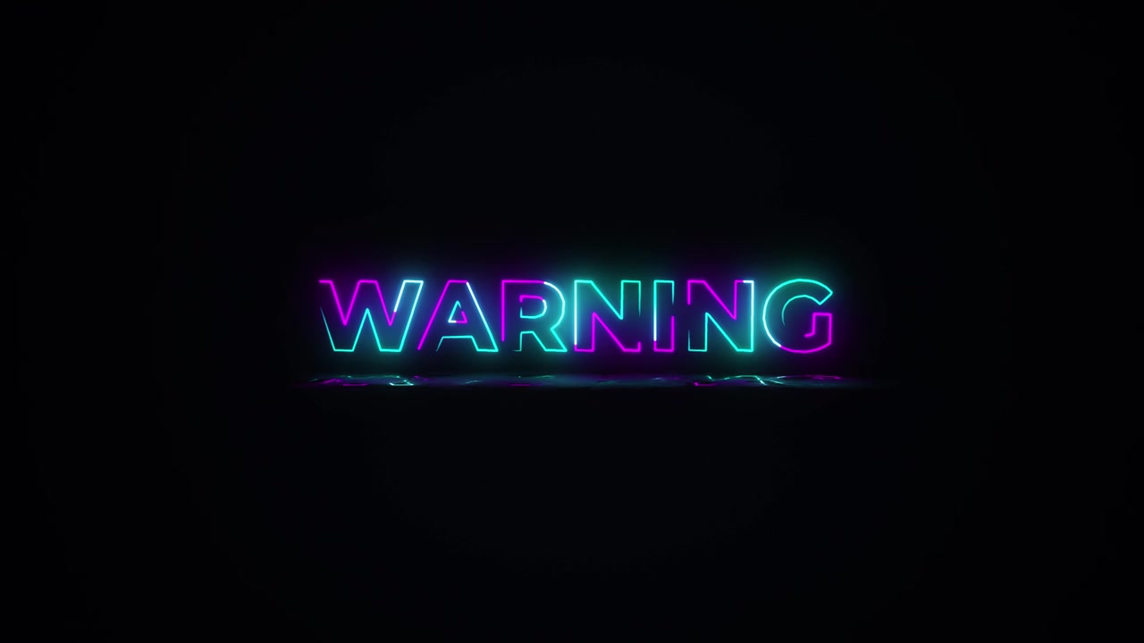 Flashing WARNING electric green and pink neon Sign flashing on and off with flicker, reflection, and in 4k