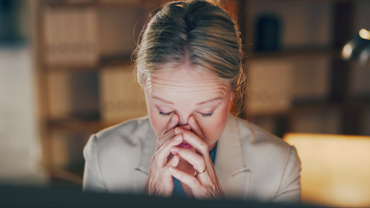Stress, headache and business woman at night