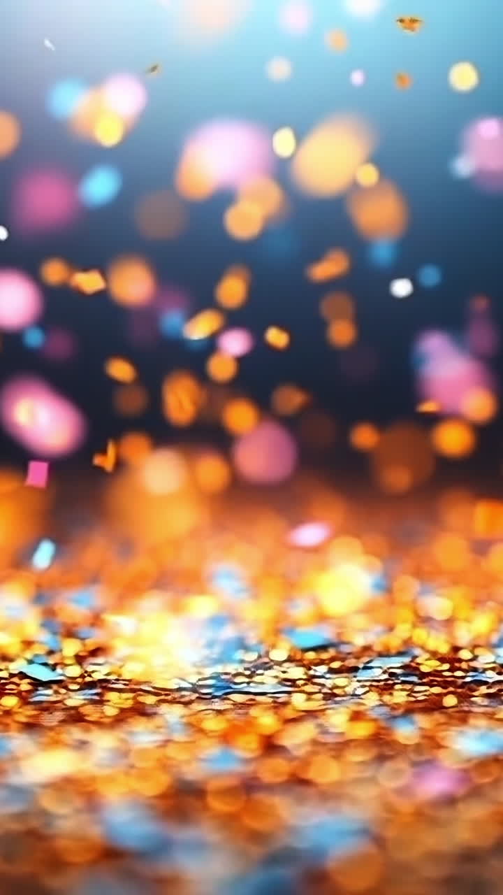 Colorful confetti falling on the ground. Bright confetti in various colors scatters on a shiny surface, creating a festive atmosphere during a celebration.