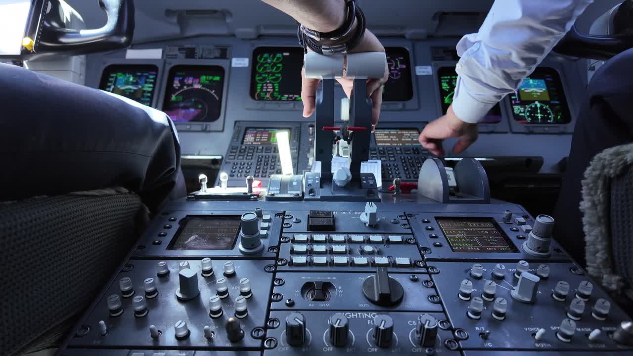 현대적인 조종실 제트기 에서 일상적 인 일 을 하는 두 명의 백인 조종사 들 의 근접적 인 모습
