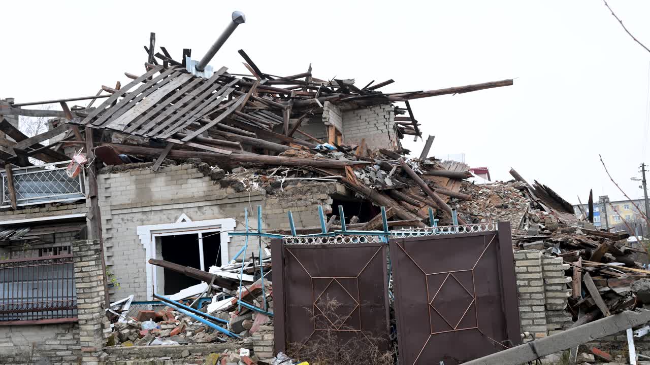 The ruins of a residential house in Kupiansk, Ukraine, completely destroyed by a Russian missile strike. Wreckage and debris show the impact of attacks on civilian areas near the frontline