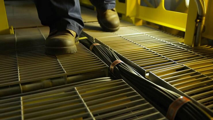 Booted feet move forward across metal grating next to secured black cable bundles, while yellow railings and warm directional light define the enclosed industrial walkway.