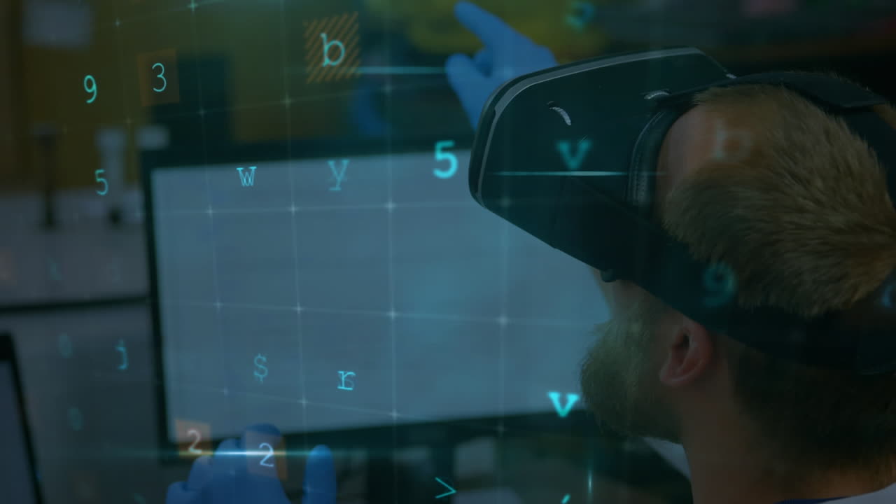 Animation of cyber attack warning over scientist with vr headset