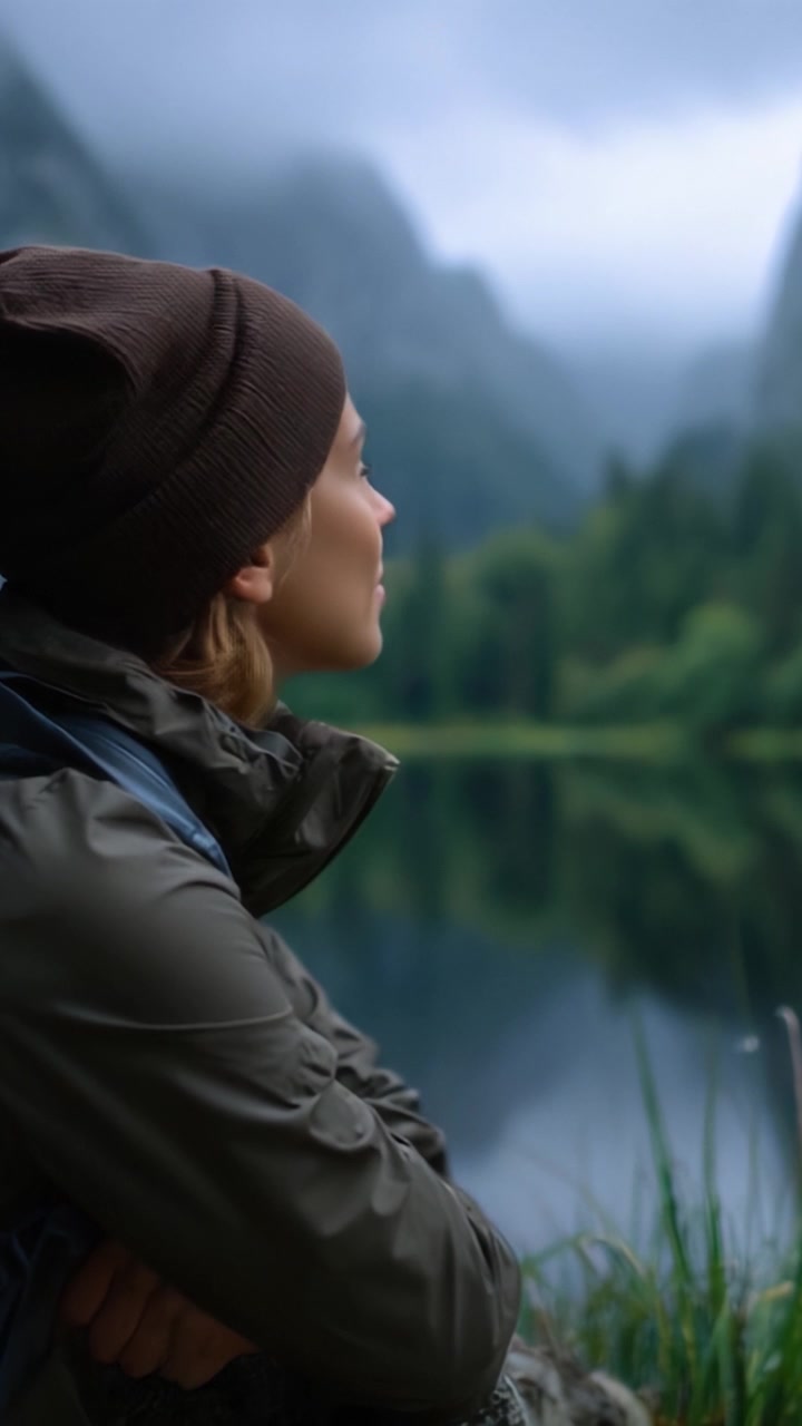 Escursionista contemplativo che si gode la serenità della natura presso il lago calmo circondato da montagne maestose sotto cieli coperti alla luce del primo mattino.
