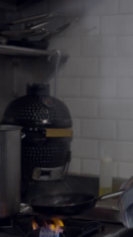 chef flambéing food in a professional kitchen