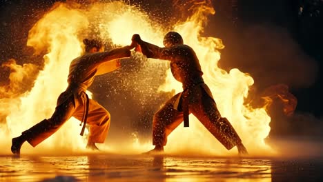 martial artists engage in fierce duel amidst blazing flames