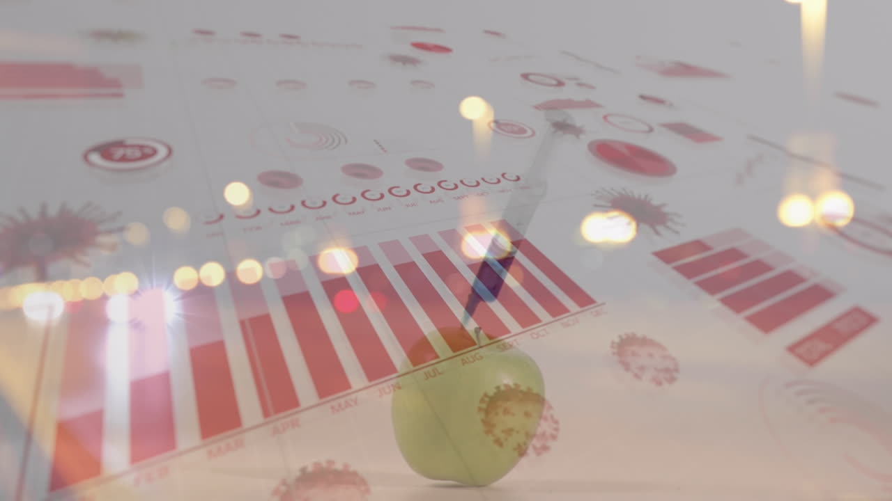 주사기와 빛의 점 위에 바이러스 세포로 데이터 처리의 애니메이션