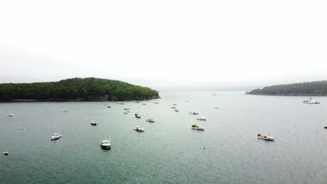 Aerial-shot-of-many-boats-and-yachts-moored-in-the-water