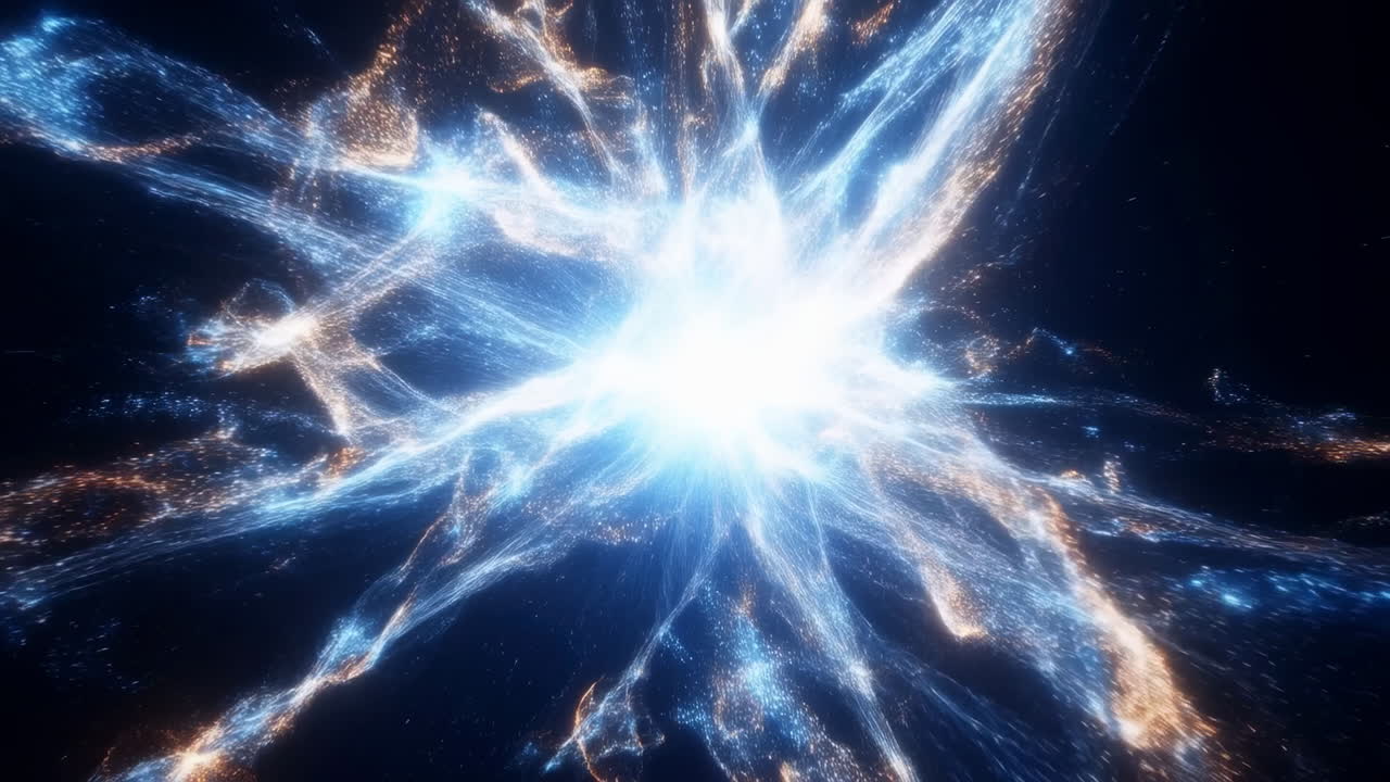 Dynamic Abstract Energy Explosion with Glowing Blue and Orange Particles