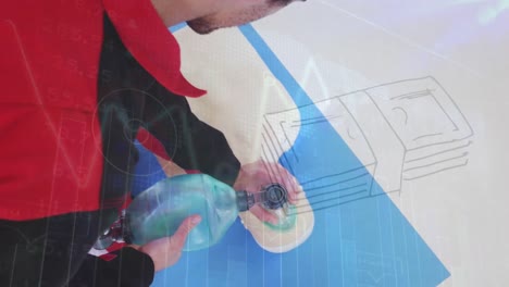 animación de gráficos y billetes de dólar sobre hombre caucásico usando máscara de válvula de bolsa en maniquí de rcp.