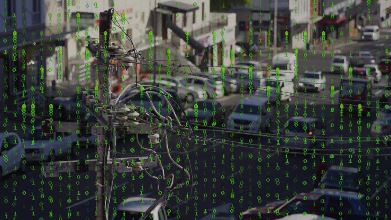 Green binary code animation over busy urban street with cars and power lines
