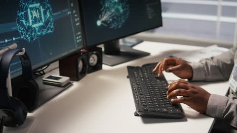 Vertical video Close up of data center admin coding on PC, typing on computer keyboard