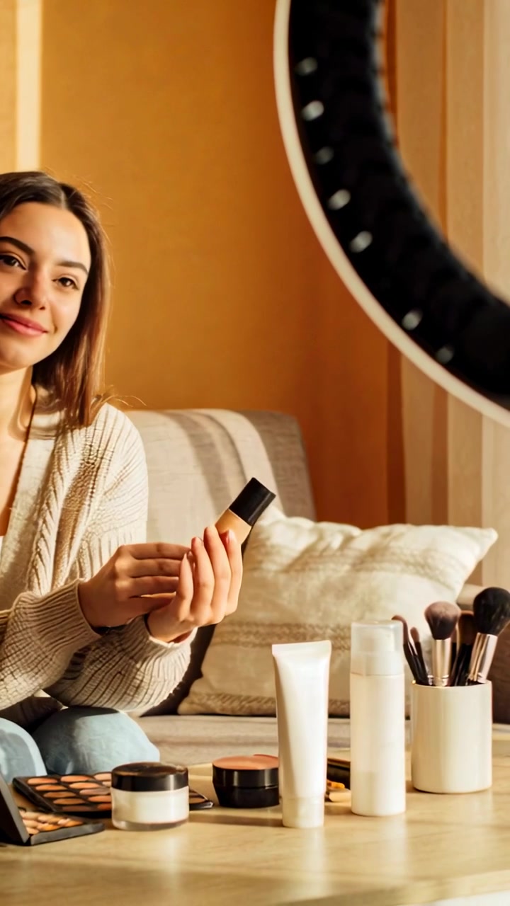 Vertical video: Ring light activating, beauty vlogger demonstrating foundation on sofa, copy space
