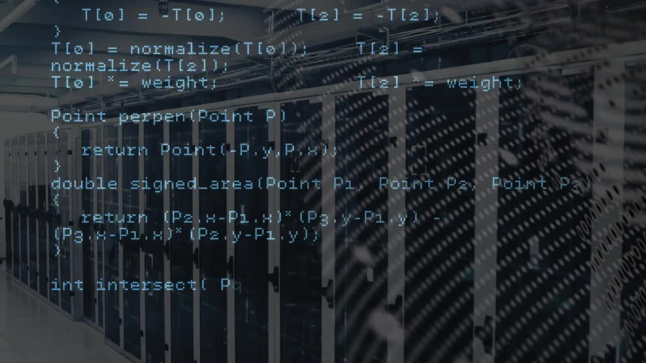 animación del procesamiento de datos de codificación a través de la sala de servidores de computadoras