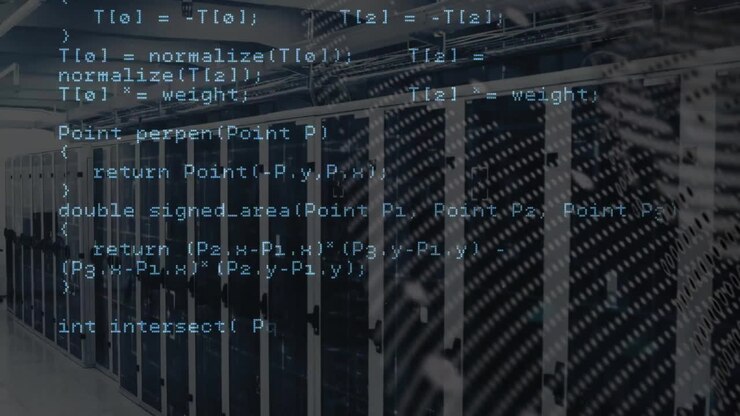 Animation of coding data processing over computer server room
