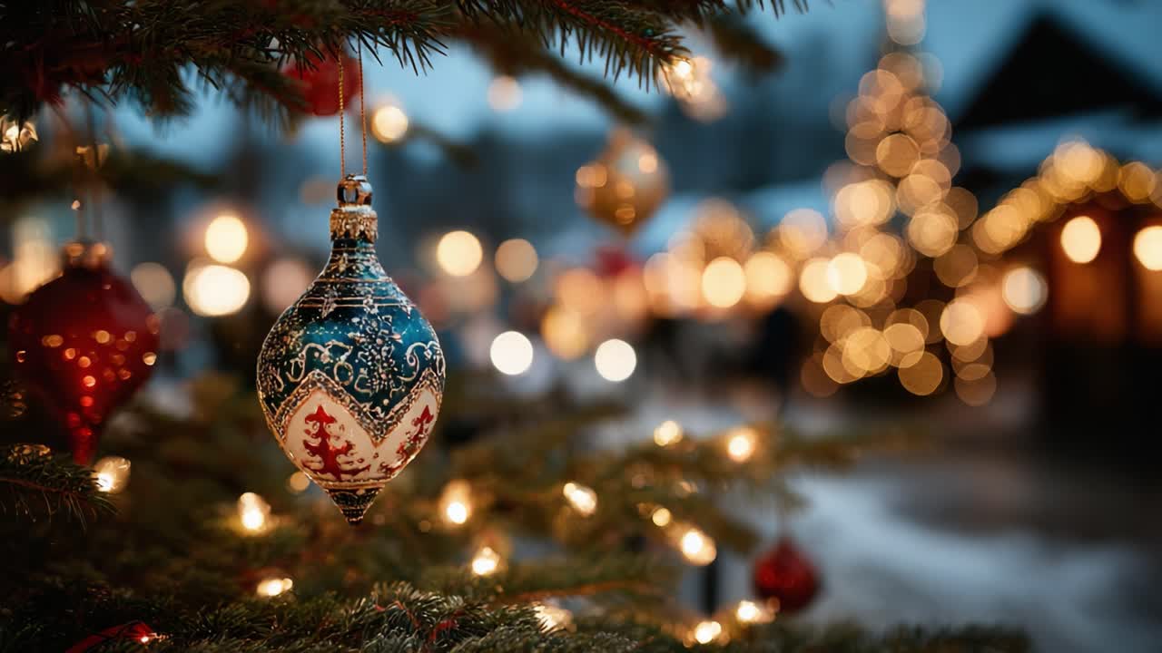 Kaunis joulukoriste roikkuu puussa, jossa on tuikkivat valot ja sumea juhlava tausta luomassa maagisen lomatunnelman