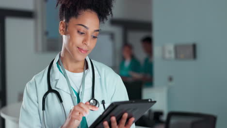 tablet, healthcare doctor and happy woman typing