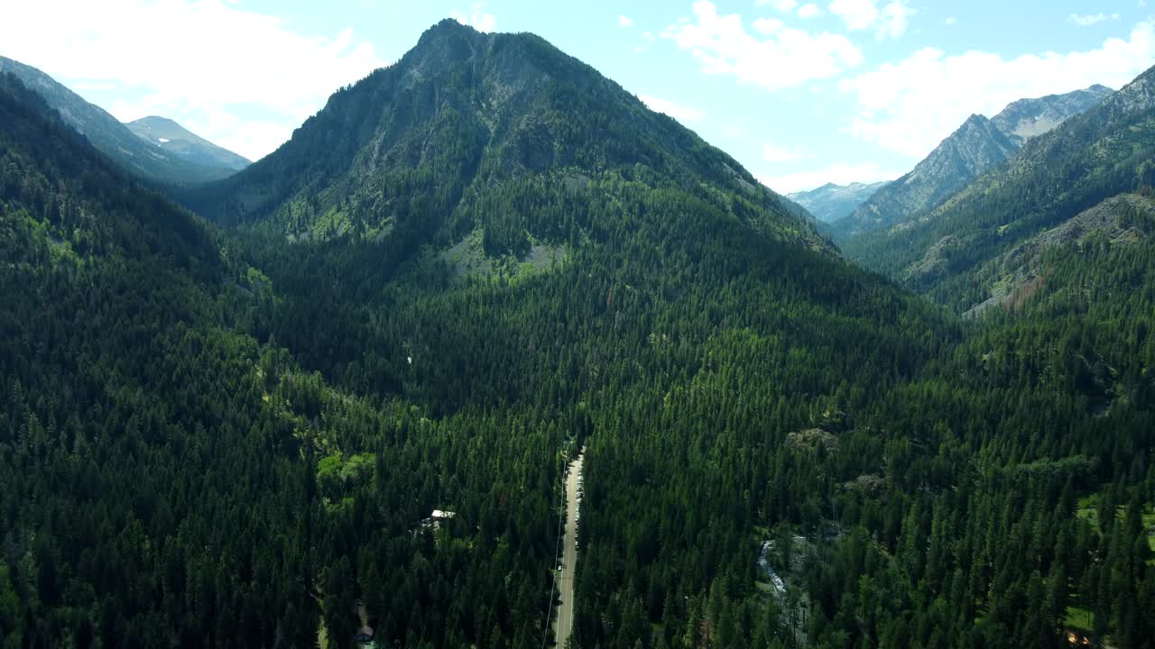 US, Oregon, Wallowa, 2025-08-18 - Drone view of the Wallowa Mountains from the lake in Summer
