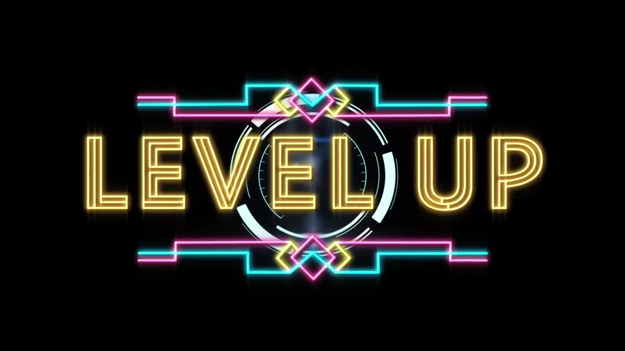 Animation of level up text over scope scanning on black background