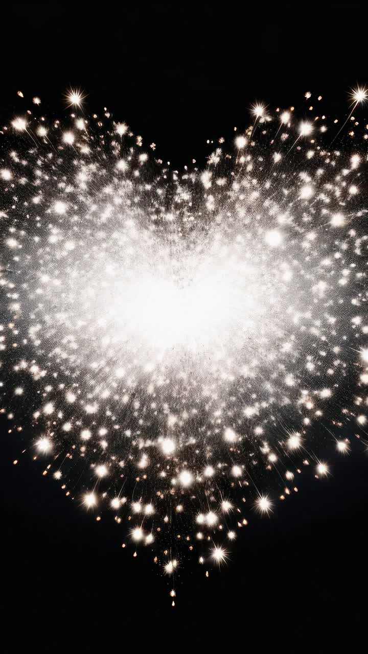Aerial view of heart-shaped fireworks bursting against a black sky, creating a dazzling, romantic
