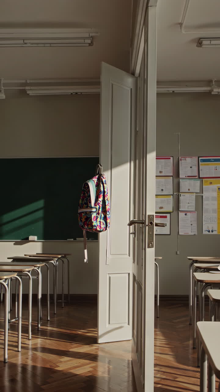 Empty Classroom with Backpack on Door