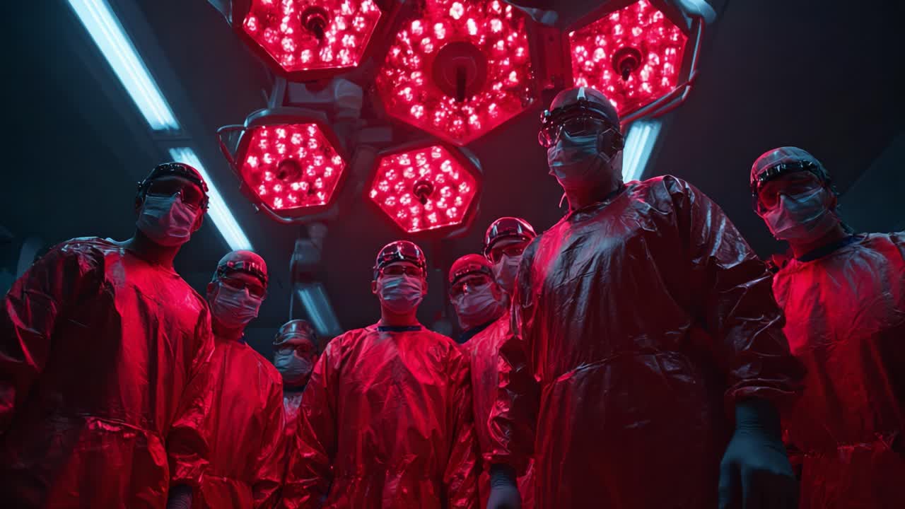 A Group of Medical Professionals in Red Protective Gear Prepare for a Procedure Under Dramatic Lighting in a Surgical Environment, Creating an Intense Atmosphere of Anticipation and Focus